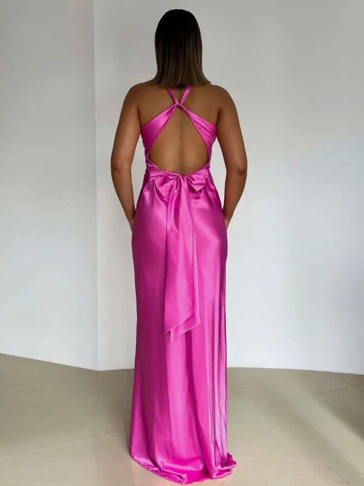 Satin Ruched Backless Maxi Dress - View 4 | VelvetHem