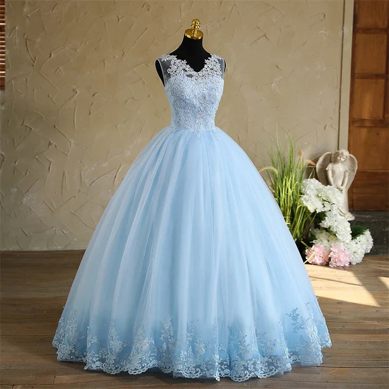 Spring New Sky Blue Quinceanera Dresses Sleeveless V-neck For Party Sweet Ball Gown Lace Appliques Prom Dress Customize Vestido (ZD17290) - View 3 | VelvetHem