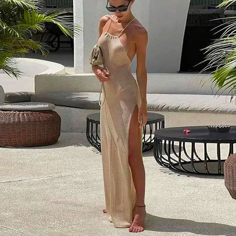 High Slit Knitted Suspender Maxi Dress