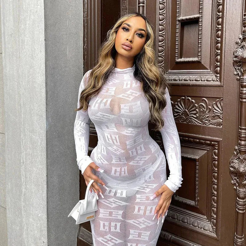 Sheer Sleeve Bodycon Long Party Dress - VelvetHem