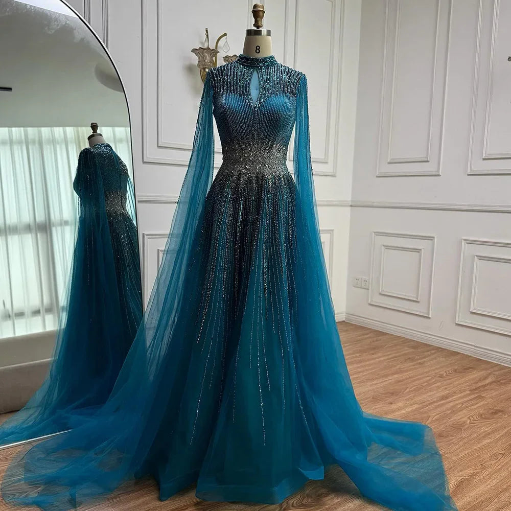 Elegant Modest Blue Beaded Evening Dress with Cape Sleeves Dubai Gown Zapdress 2025 Customized (ZD17239)