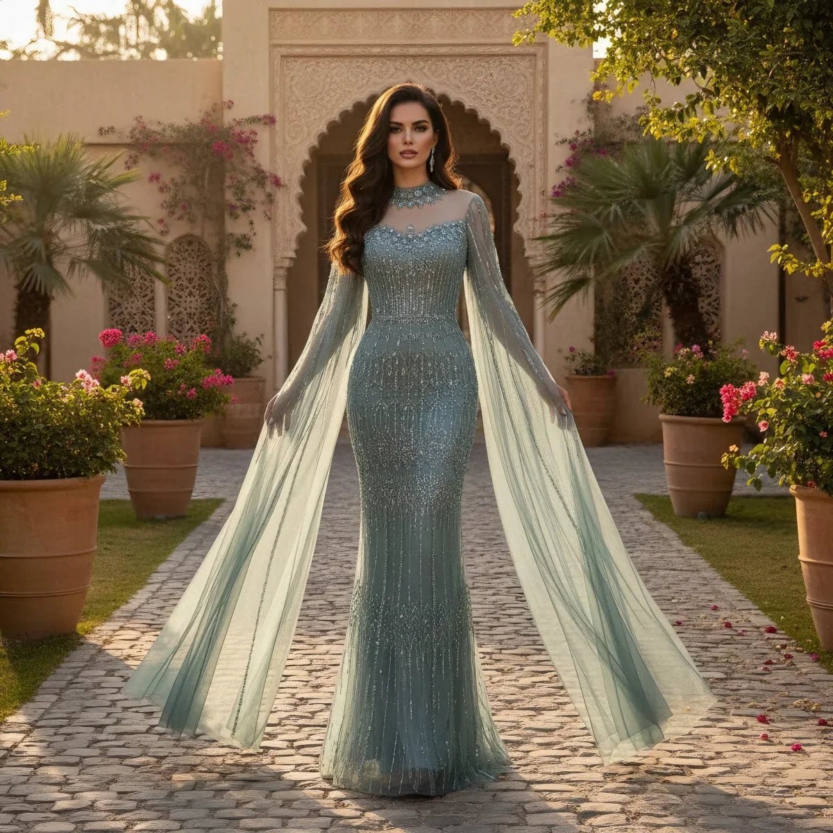 Zapdress Customized Turquoise Beaded Mermaid Evening Dress with Cape Sleeves 2026 Formal Party Gowns for Women DLA72714AA (ZD17229)
