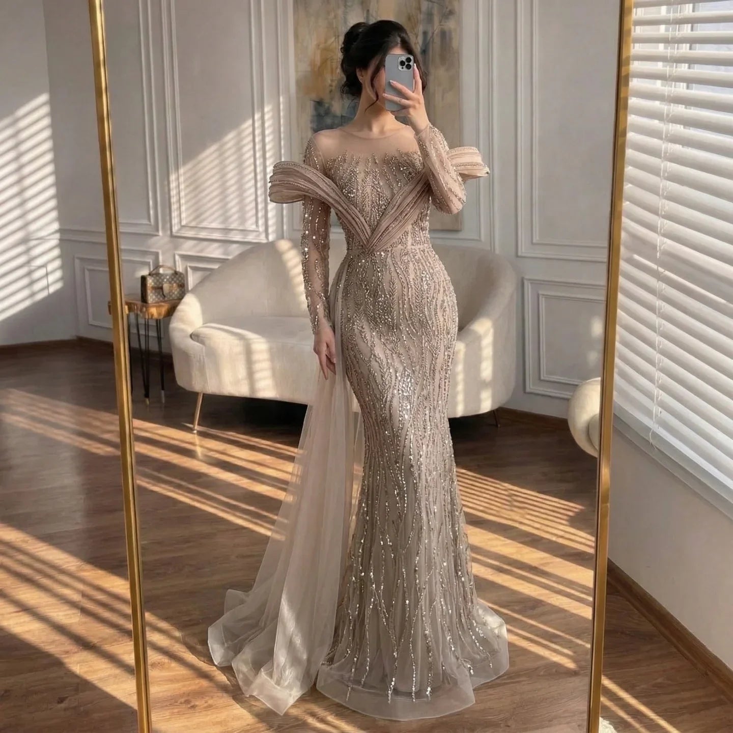 Zapdress Pink Long Sleeves Mermaid Beaded Evening Dresses Elegant Wedding Party Gowns for Women Customized (ZD17195)