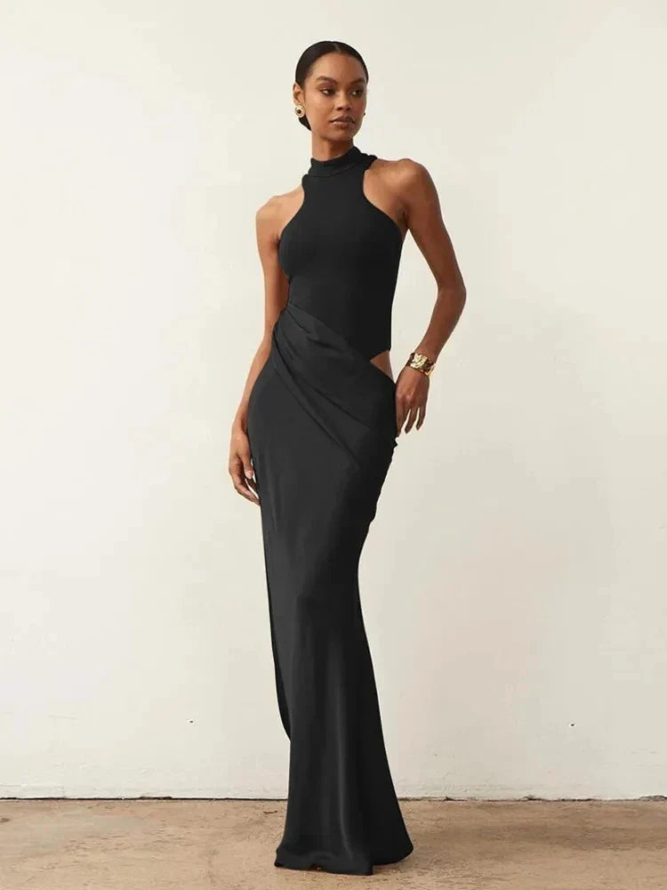 Satin Hollow Out Black Maxi Dress - View 7 | VelvetHem