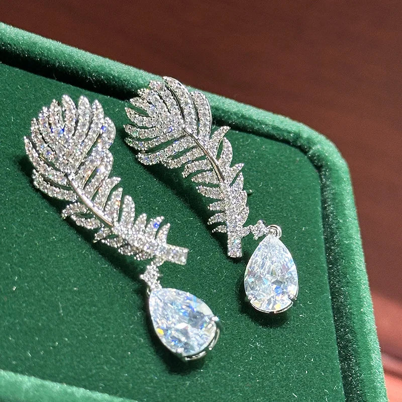 AAA Zircon Bridal Earrings Feather Cubic Zirconia Wedding Earring For Bride Bridesmaids Accessories Women Birthday Gifts Jewelry - View 6 | FashionDia