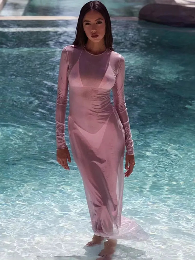 O - neck Full Sleeve Solid Color Mesh Dress