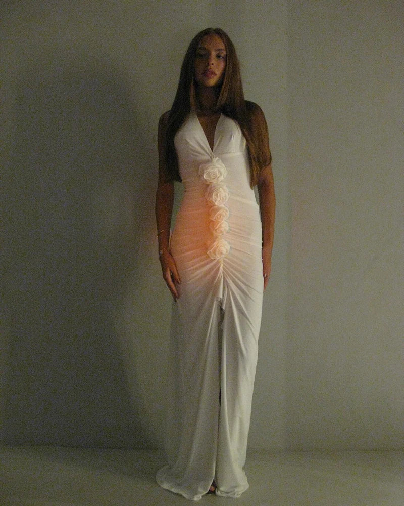 White Floral Halter Sleeveless Ruffled Long Dress