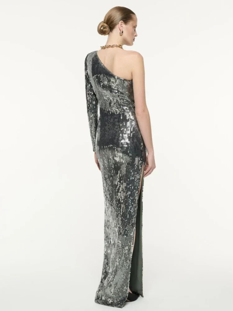 One Shoulder 3D Flower Sequin Dress