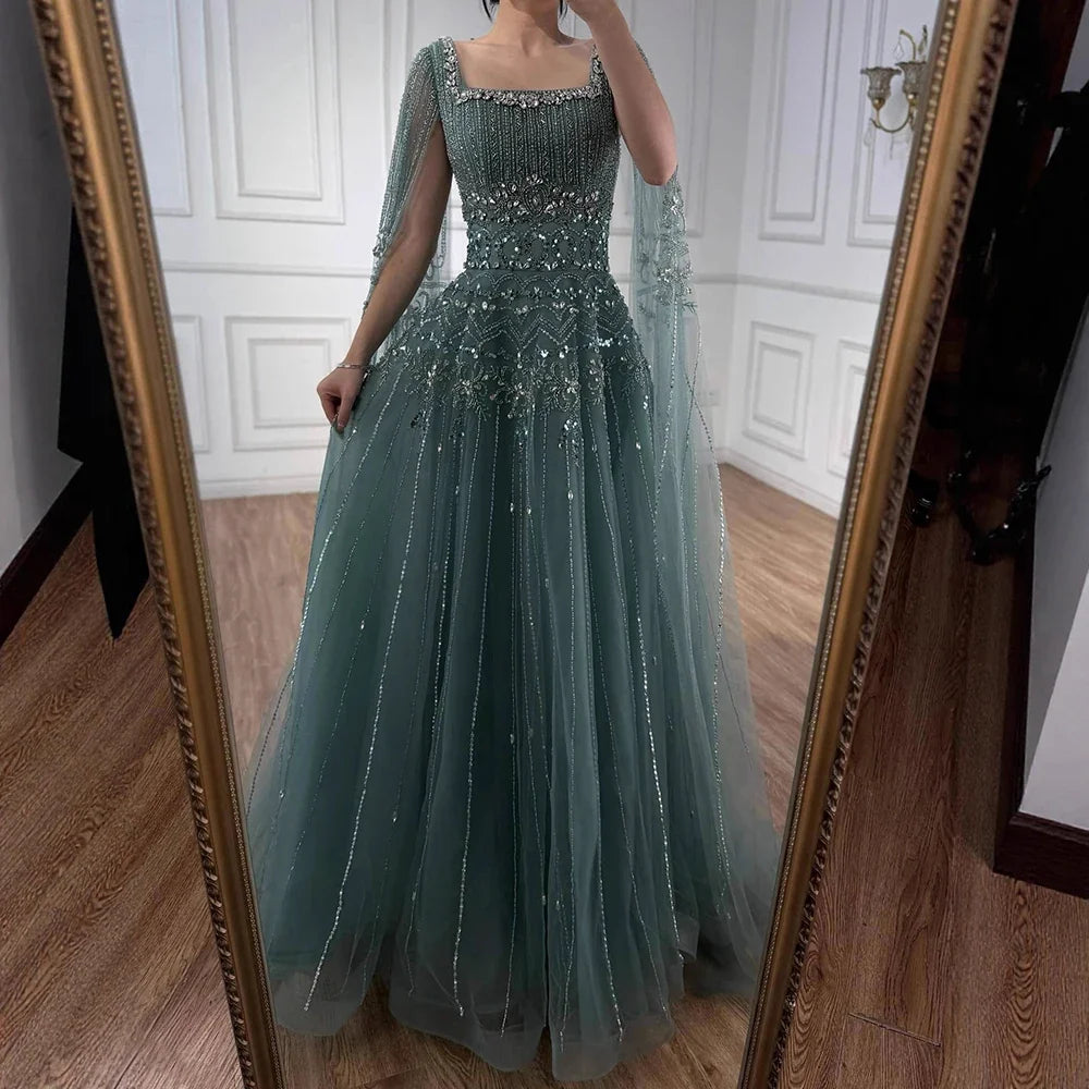 Zapdress Red Square Collar A-Line Beaded Evening Dress with Cape Sleeves 2026 Party Gowns for Women DLA73089A Customized (ZD17190)