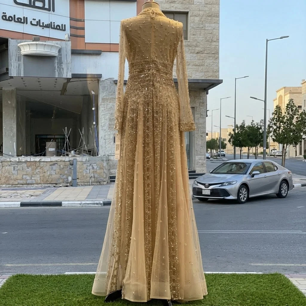 Zapdress Customized 2026 Lapel Collar Long Sleeve Evening Dress Luxury Beaded A-Line Modest Party Gowns (ZD17210)