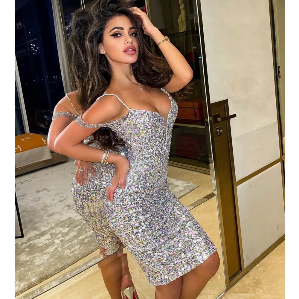 High Qulity Sexy V-Neck Shining Sequins Beading Spaghetti Strap Mini Dress Graceful Woman Evening Dress Birthday Party Outfit