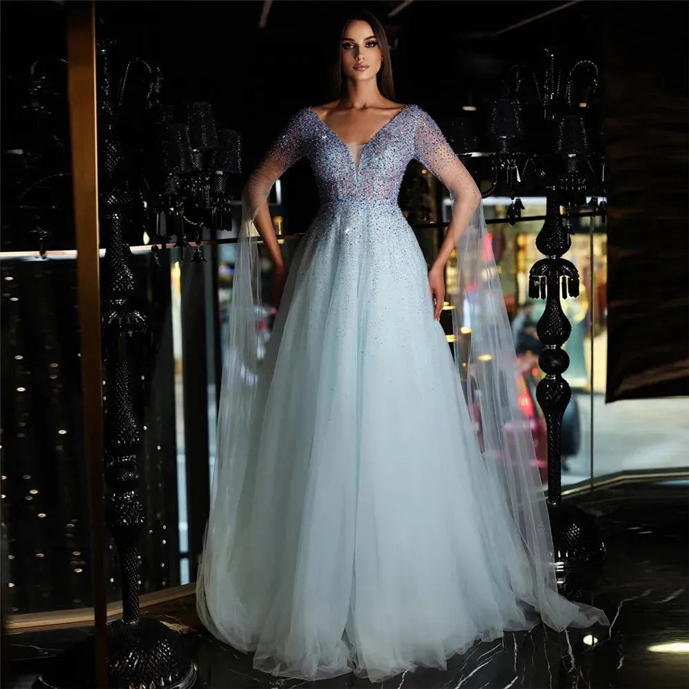 Noble Sky Blue Tulle Prom Dress V-Neck Long Cape Floor Length Ruched Sequineds Formal Evening Dress Women Party Gowns As Picture