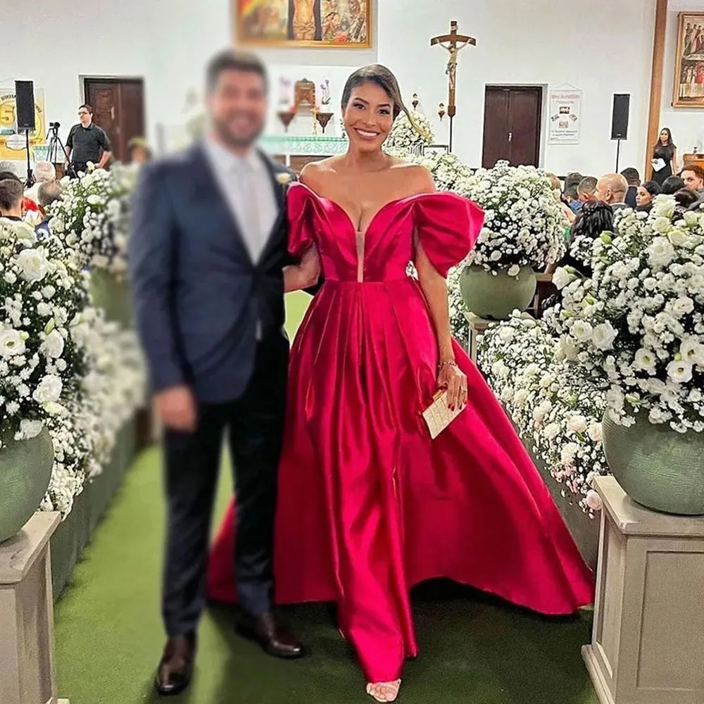Mermaid Satin Charming Prom Dresses Off The Shoulder Pleats Party Dress With Draped Train Celebrity Dress Gala Gown Red