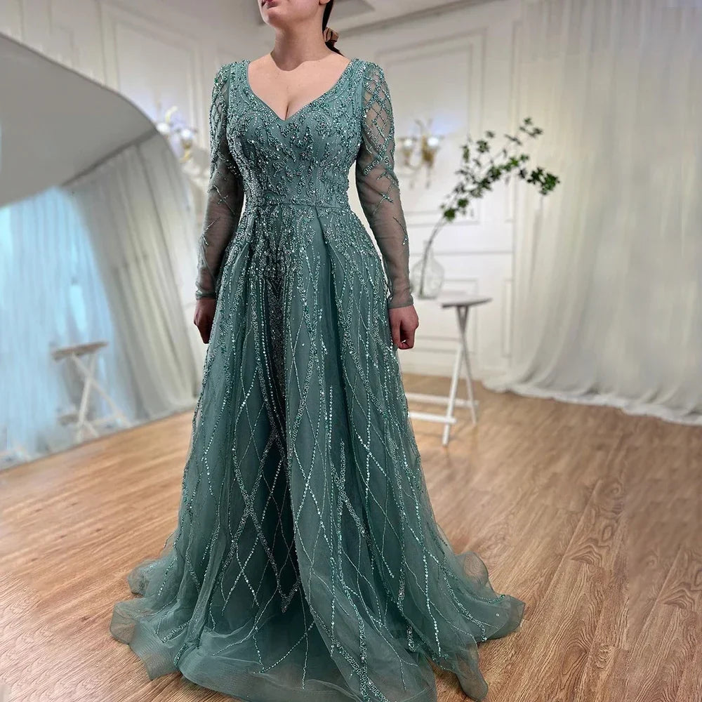 Zapdress Lilac V-neck A-line Long Sleeves Luxury Beaded Evening Dresses Party Gowns for Women Customized (ZD17273)