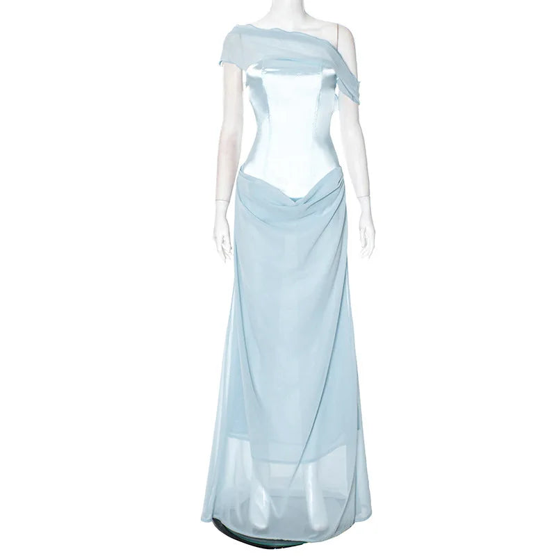 Patchwork Diagonal Collar Women Maxi Dress