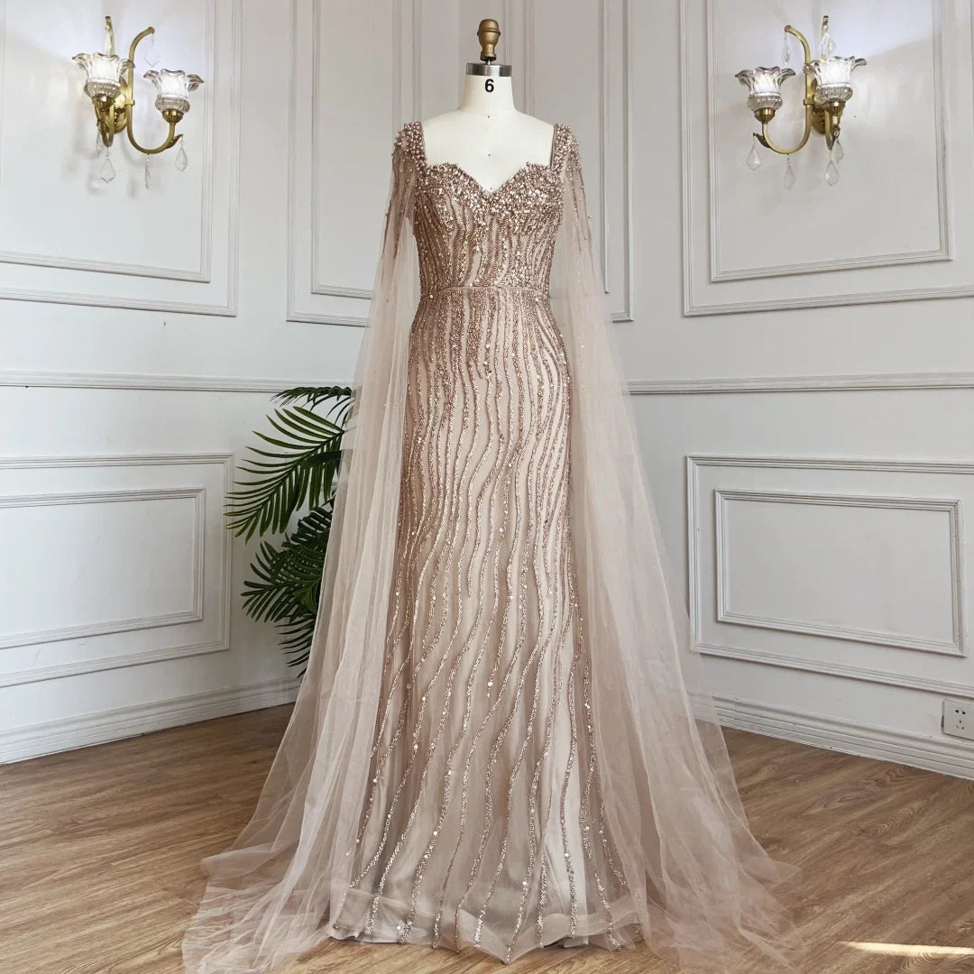 Zapdress Blue Mermaid Beaded Evening Dresses with Cape Sleeves Wedding Party Gowns for Women DLA71715 Customized (ZD17247)