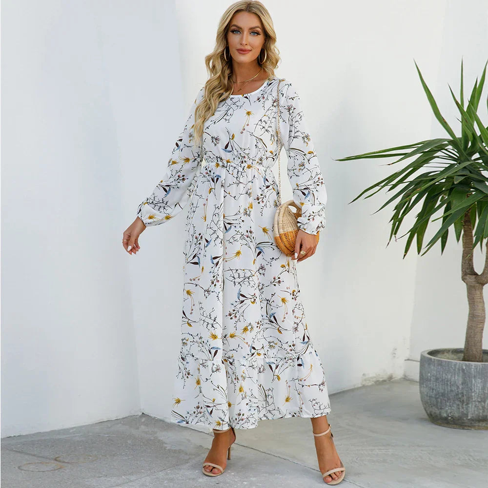 Natasha Effortless Women's Bohemian Floral Chiffon Maxi Dress with Long Sleeves Elevated Occasion Wear
