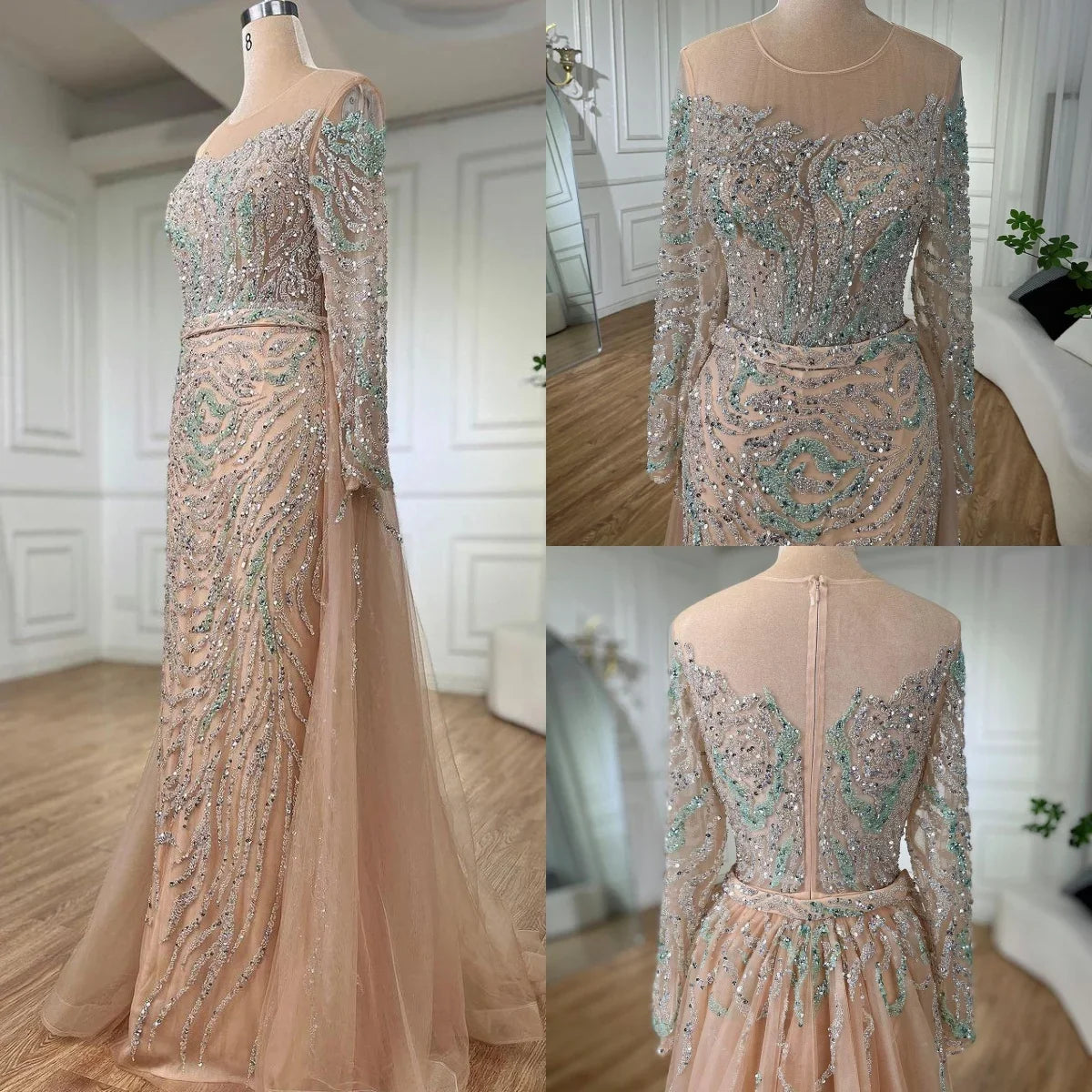 Zapdress Nude Mermaid Long Sleeve Evening Dress with Overskirt Luxury Beaded Wedding Party Gown for Women Customized (ZD17389)
