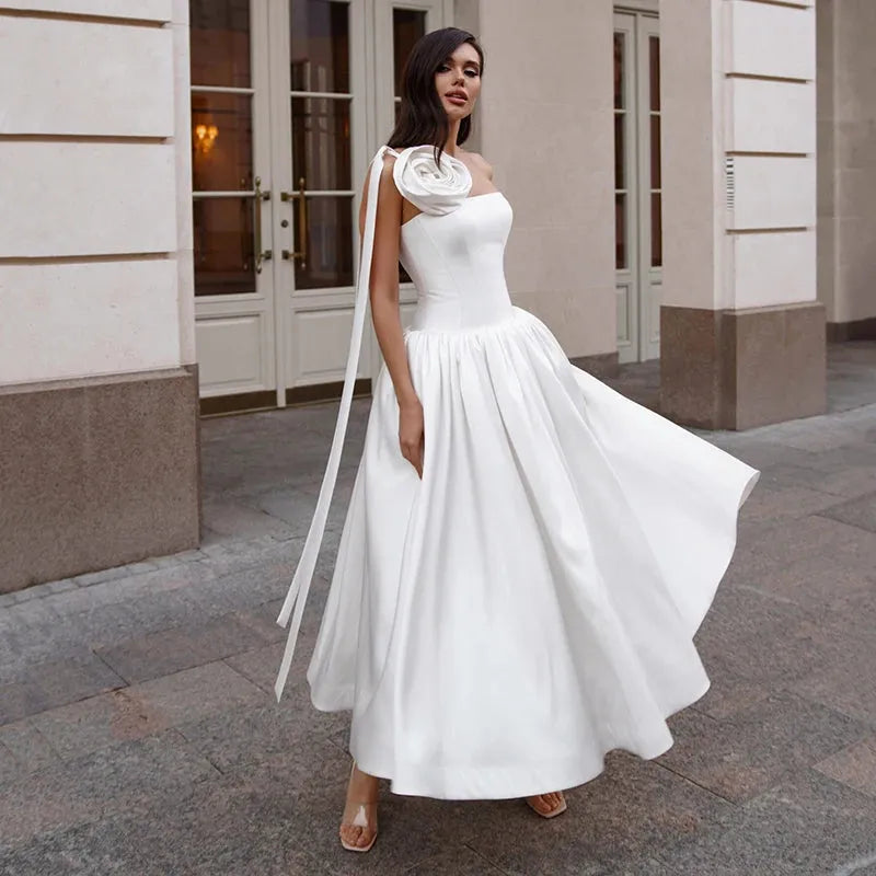 White Short Wedding Dresses One Shoulder Tea Length Flower Bridal Dress Formal Evening Wedding Prom Gowns Customized