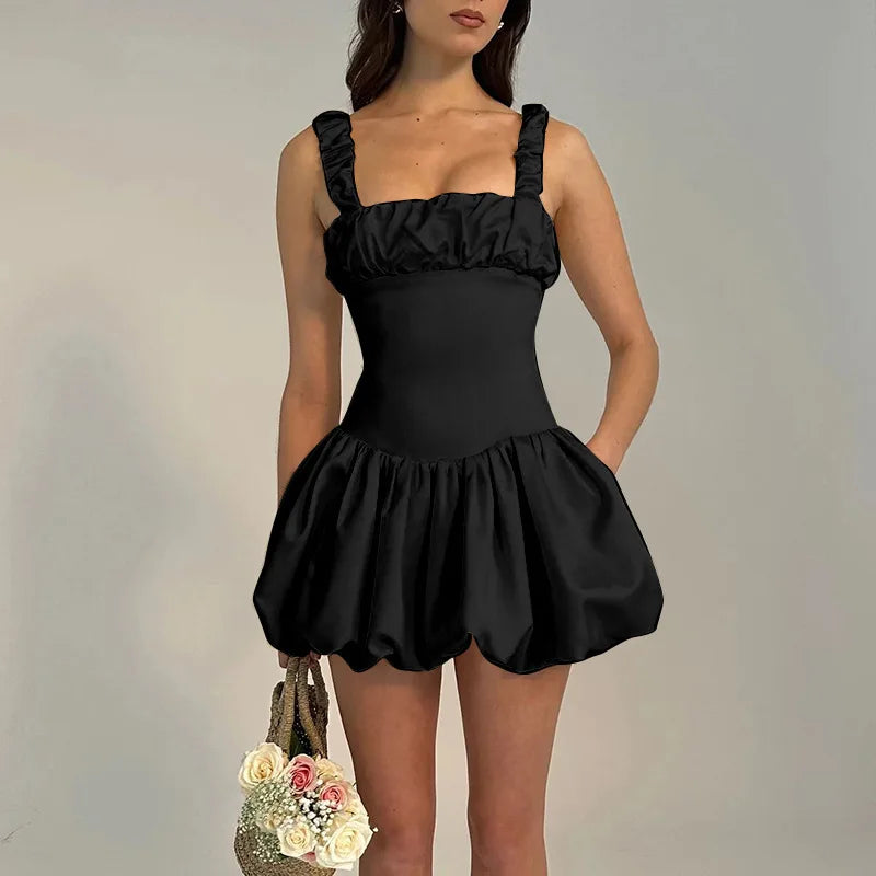Pleated Fluffy Backless Strap Mini Summer Dress - View 5 | VelvetHem
