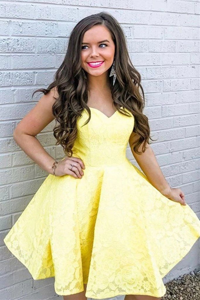 Sweetheart Yellow Lace Homecoming Dress, Lace Short Prom Graduation Dress - FashionDia