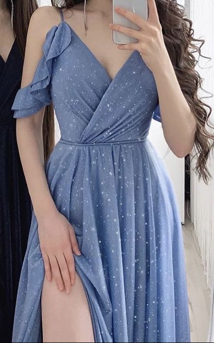 Spaghetti Straps Blue Prom Dress With Split - FashionDia