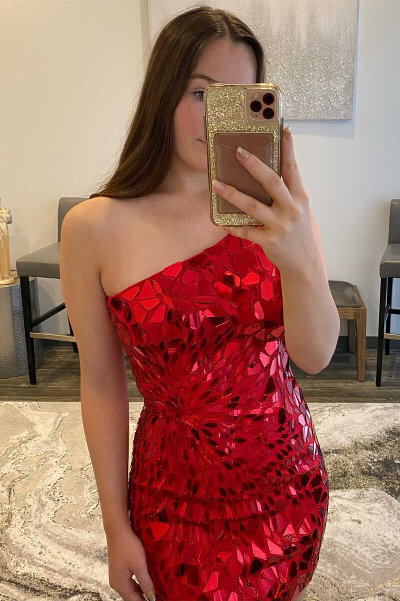 One-Shoulder Cut Glass Mirror Fitted Mini Homecoming Dress