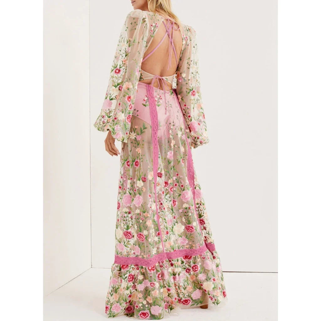 Sheer Lace Embroidery Floral Dress - View 3 | VelvetHem