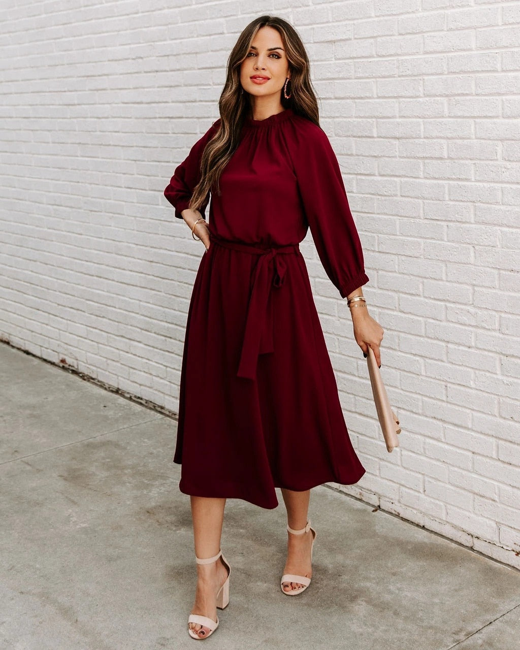 Elegant Office Dress Formal Loose Green Long Sleeve Belt ALine Midi Dresses