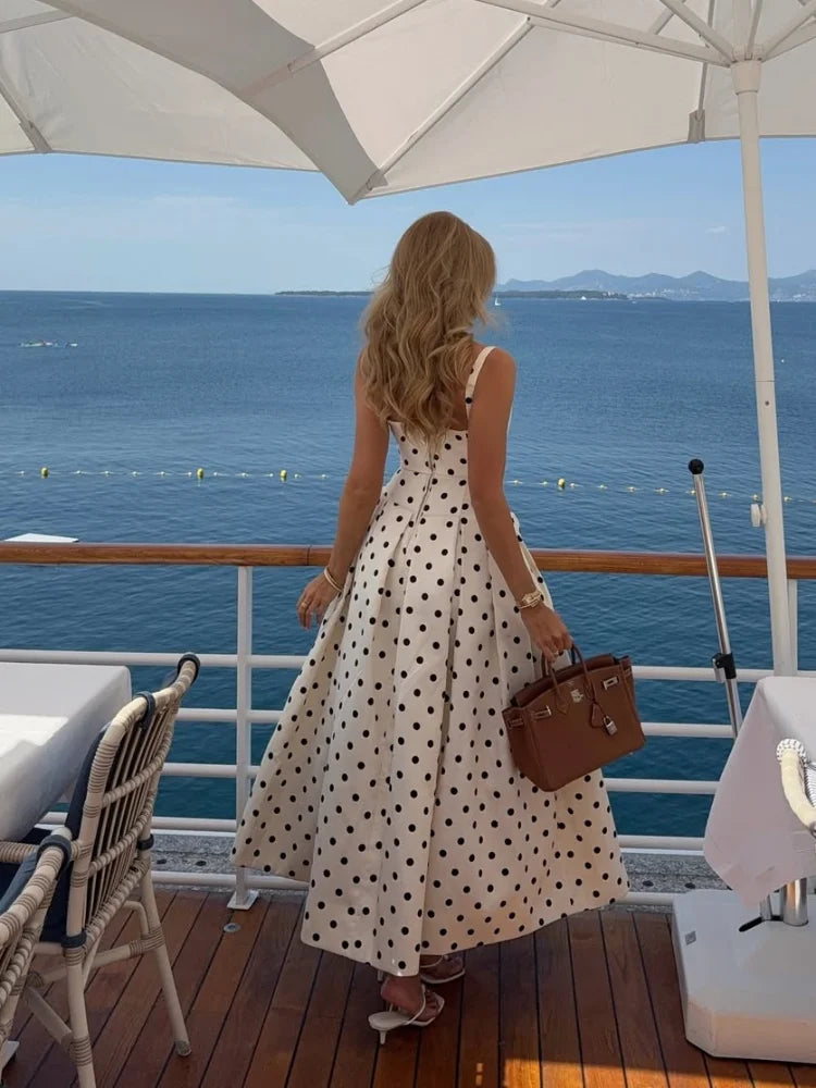 Polka Dot Square Neck Lotus Hem Silk Dress - View 2 | VelvetHem