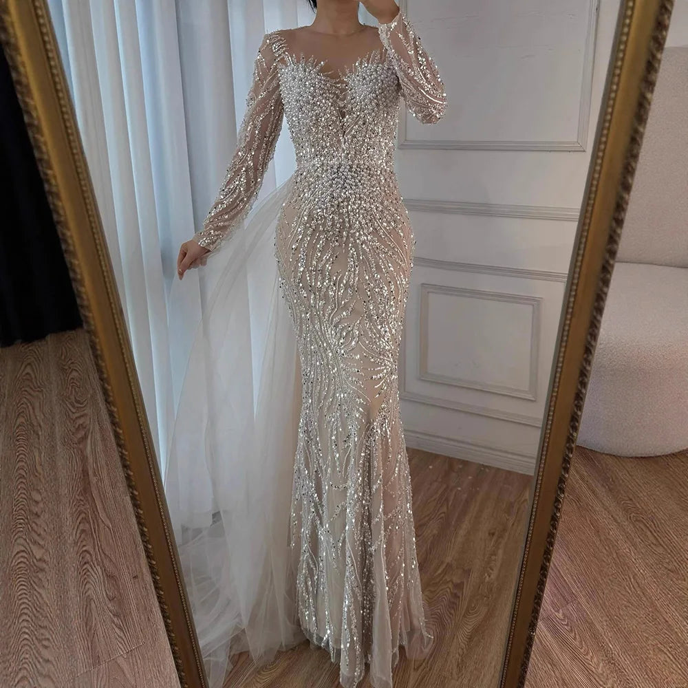 Zapdress White Nude Long Sleeves Mermaid Pearls Beaded Evening Dress with Train Wedding Party Gowns DLA72634A Customized (ZD17262)