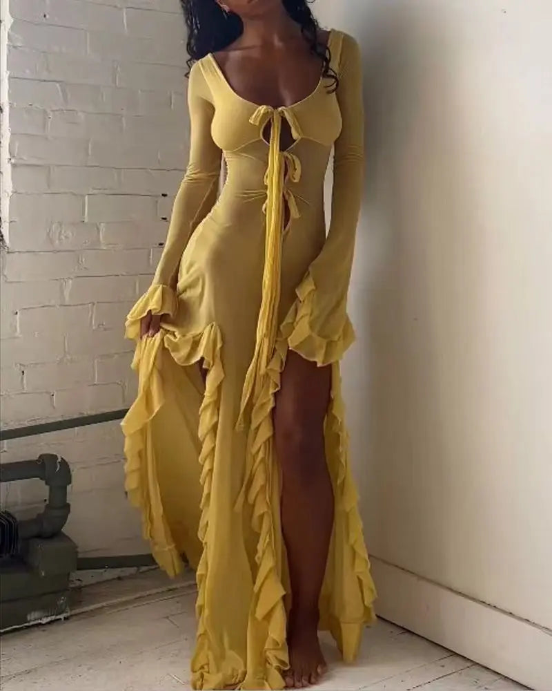 Summer Slim - Fit See - Through V - Neck Long Sleeve Dress