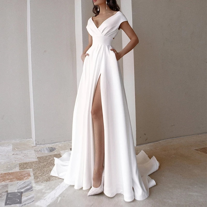Elegant Casual Women's Dresses Vneck Side Slit Backless White Long Skirt Wedding