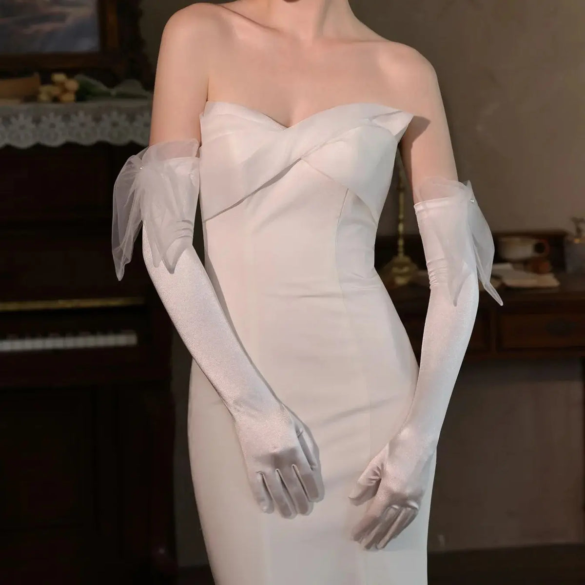 Long Bridal Gloves Bow Wedding Glove Girl Party Evening Dress Jewelry Brides Accessories - FashionDia