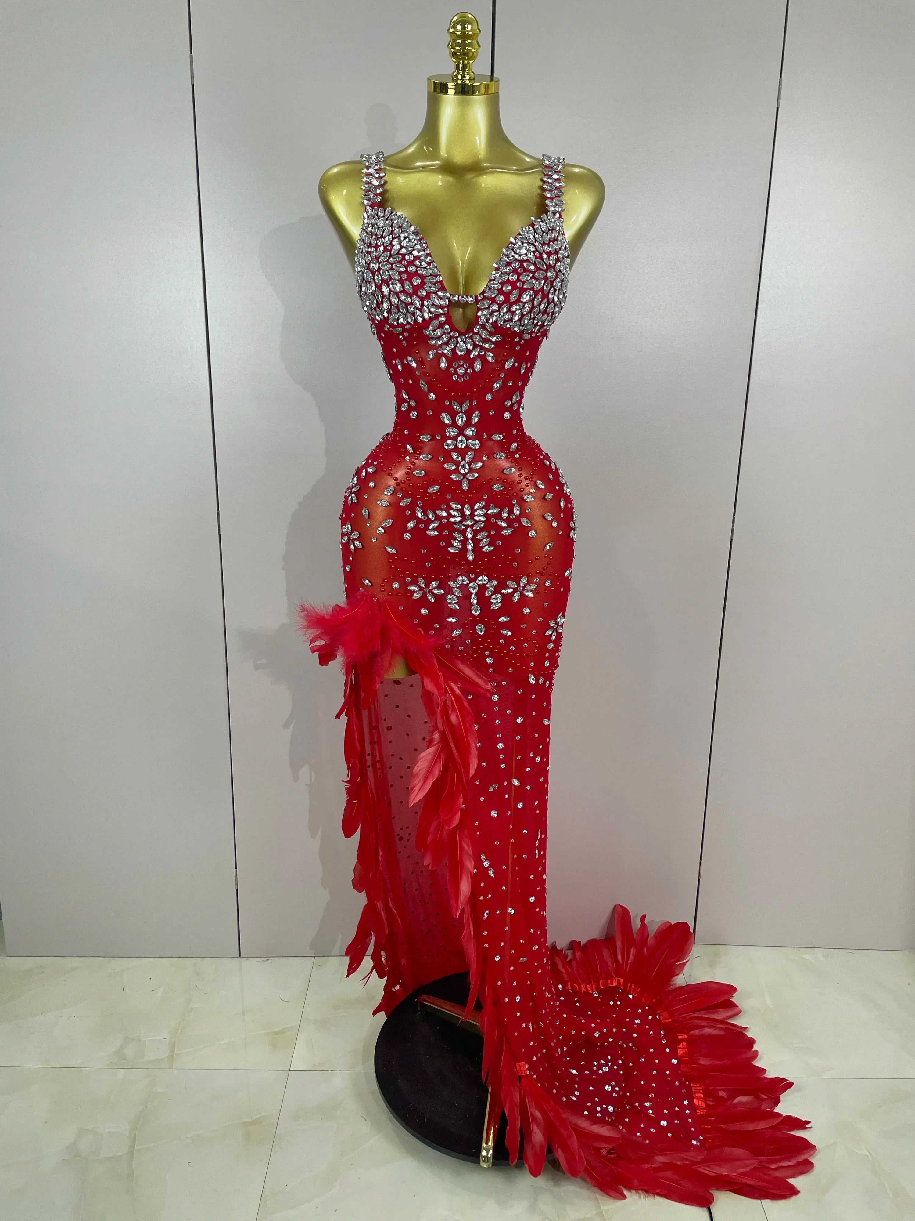 Exquisite Feather Red Evening Dress Women Sparkle Rhinestones Sexy High Slit Birthday Celebrate Stage Photoshoot Costume Red
