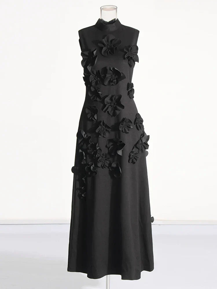 3D Flower Appliqué Mock Neck Midi Dress