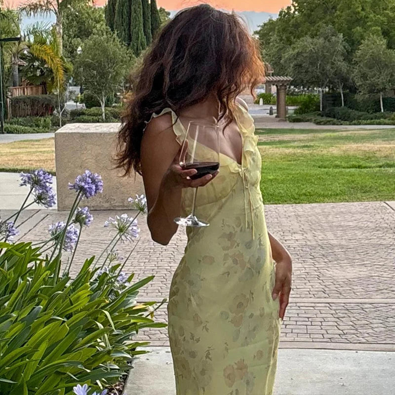 Floral Ruffle Halter Backless Maxi Dress - VelvetHem
