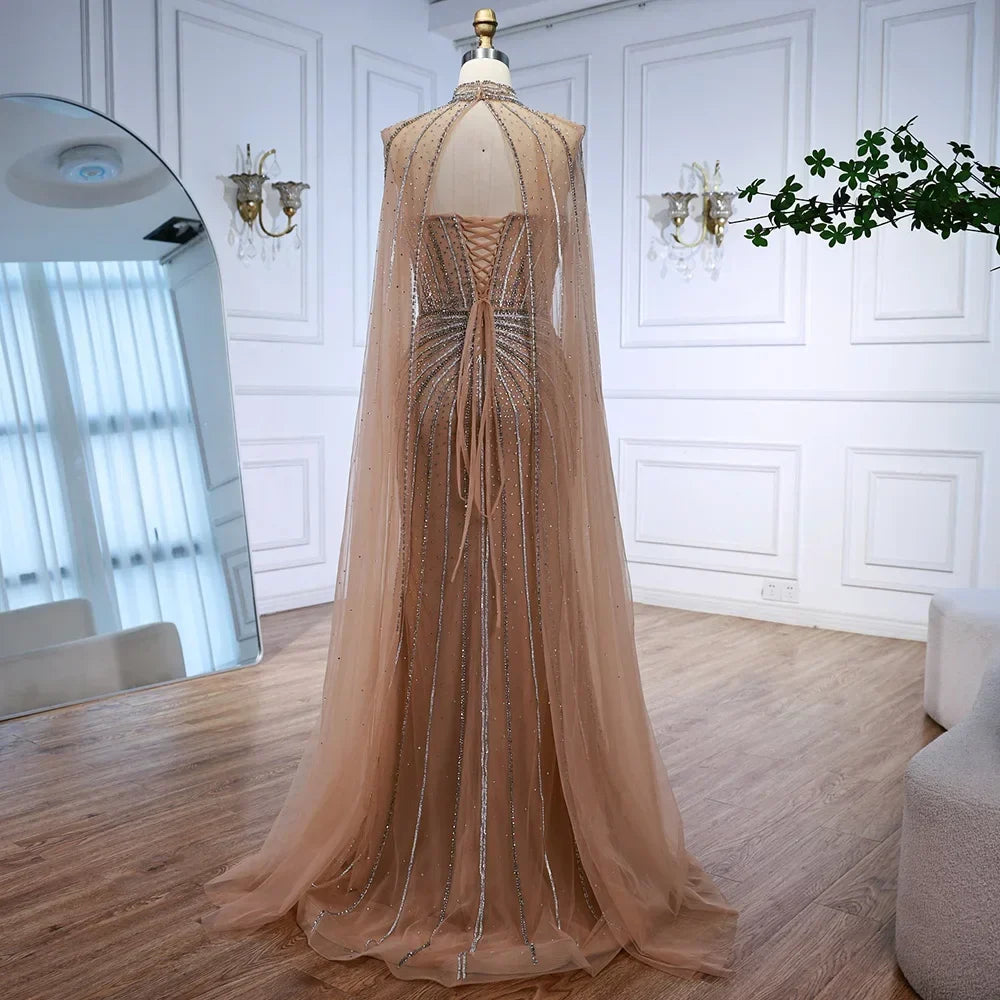 Luxury Nude Elegant Evening Gown Beaded Dress with Cape Sleeves for Formal Party Wear Zapdress DLA72811A Customized (ZD17216)
