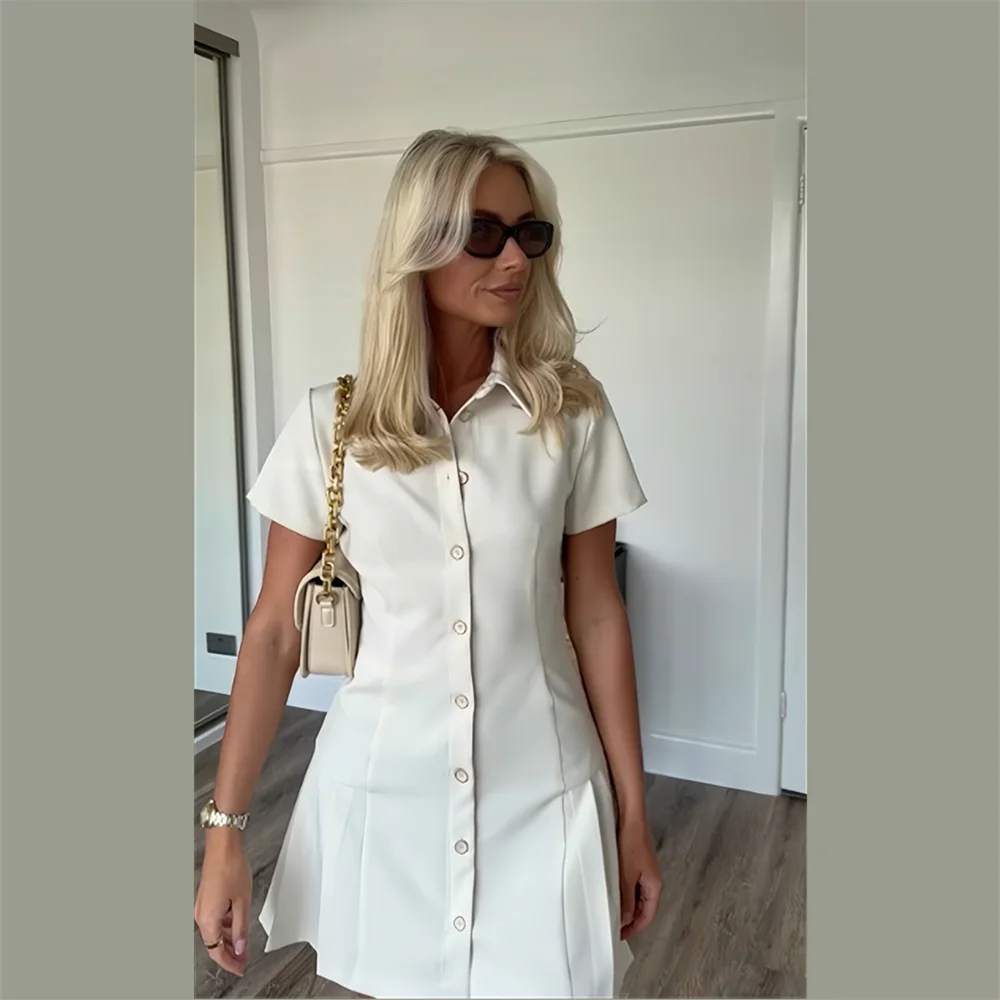 Slim Fit Waist Shirt Style Short Sleeve Work Dress - VelvetHem