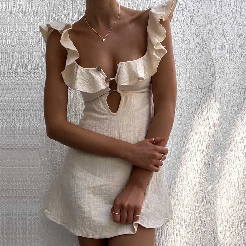 Hollow Ruffled Cotton Beach Gothic Mini Dress - View 5 | VelvetHem