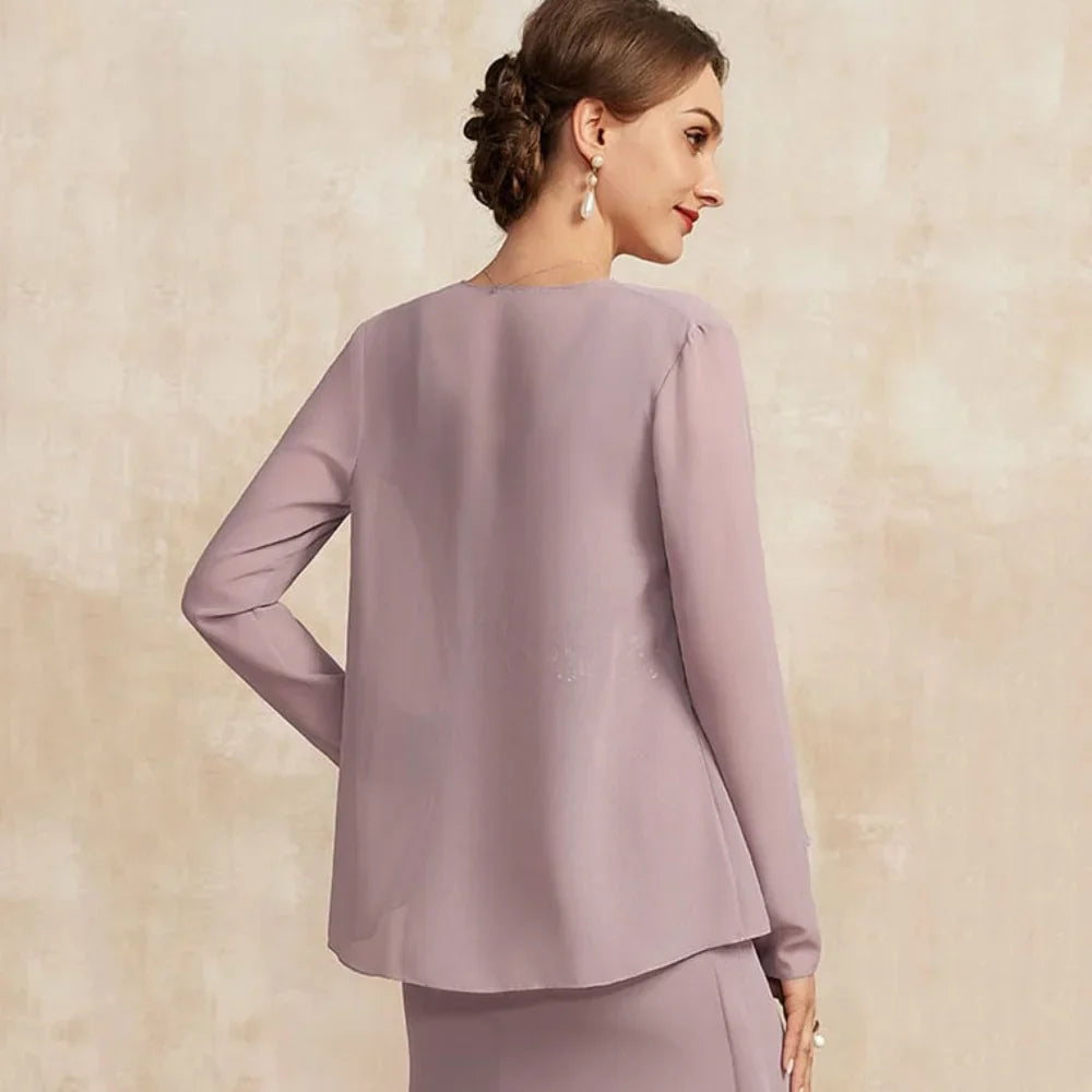 Mother Of The Bride Dress - V Neck Customized Mother Dress Chiffon Elegant Mermaid Long Sleeves Bridal Party Gowns Crystal Formal Occasion Bridal Dresses