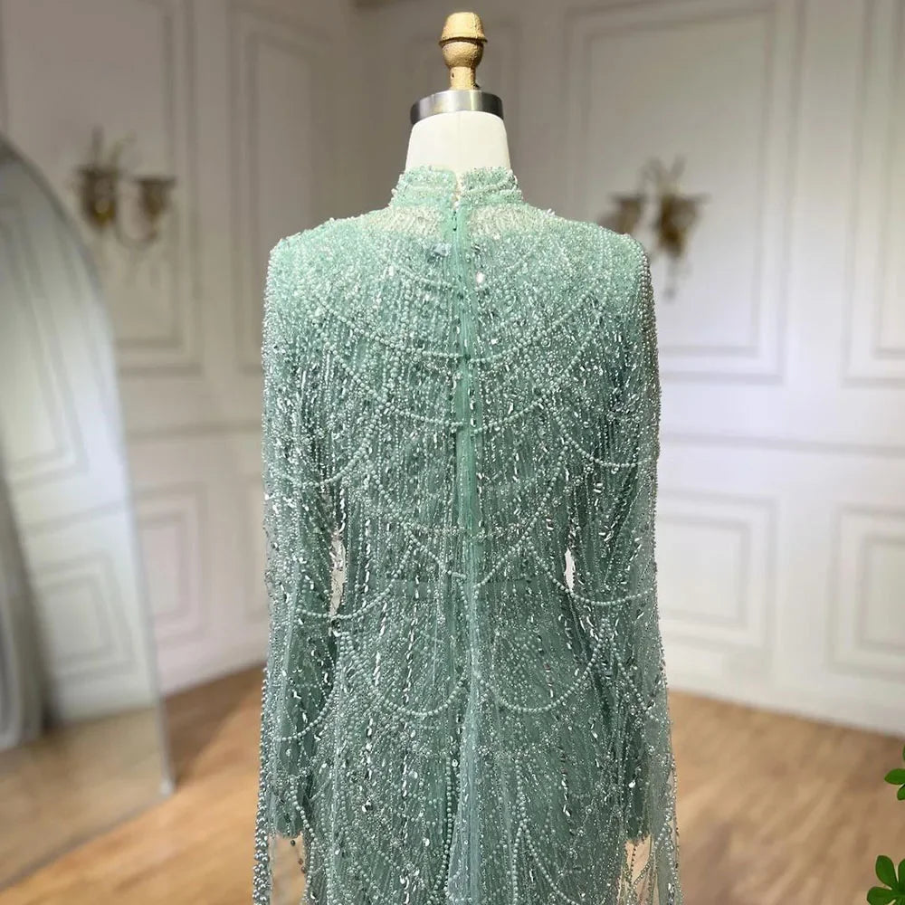 Zapdress Customized Muslim Hijab Sage Green Long Sleeves Evening Dresses with Cape Dubai 2024 Party Gowns For Women LA72032M (ZD17199)