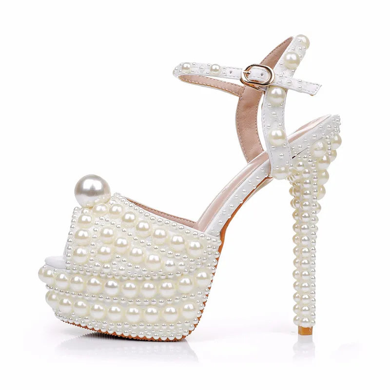 Luxury Full Pearls Beaded Peep toe Women Gladiator Sandals Fashion Summer Platform Wedges 14cm High heels Wedding Party Shoes - View 8 | FashionDia