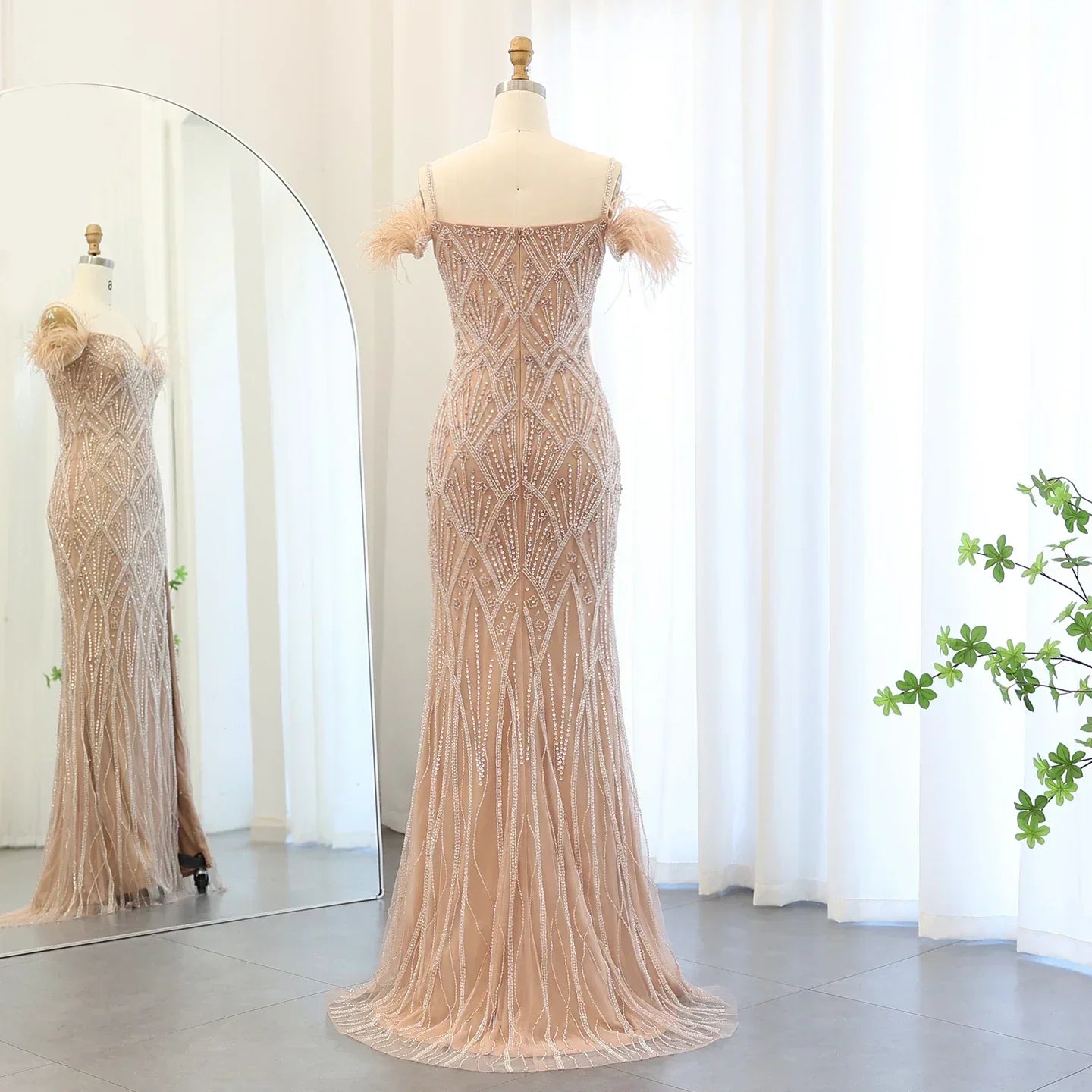 Feathers Beaded Long Prom Formal Gowns