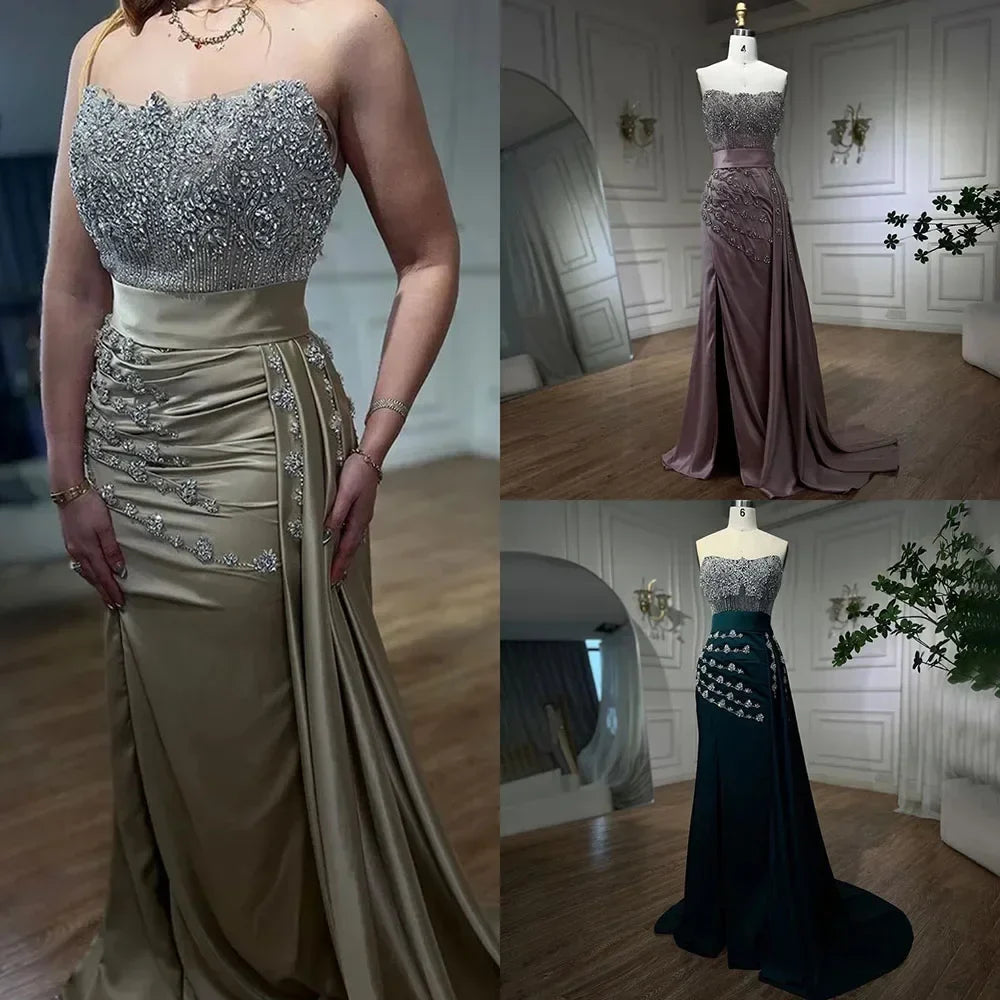 Zapdress Customized Nude Strapless Mermaid High Split Evening Dresses with Skirt Beaded Party Gowns For Women 2025 (ZD17205)