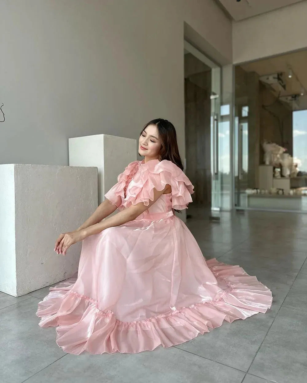 Elegant Pink Evening Dresses A-Line Puff Sleeves Prom Dresses Ankle Length Formal Prom Gowns Button Graduation Dress