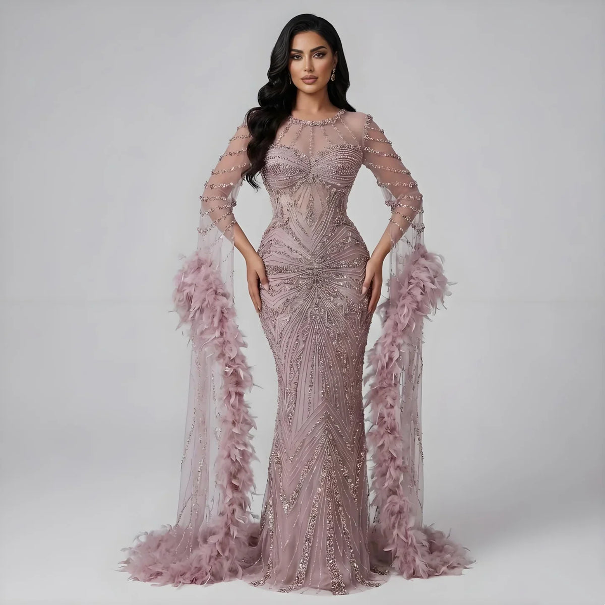 Zapdress Pink Luxury Beaded Mermaid Evening Dress Gowns with Feathers for Formal Occasion Customized DLA72708A (ZD17284)