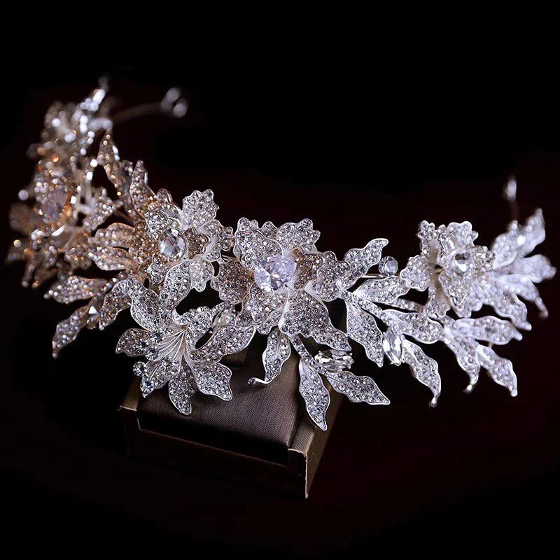 Flower Leaf Tiaras and Crowns Rhinestones Zircon Diadem Brides Pageant Prom Headpiece Bridal Jewelry Wedding Hair Accessories