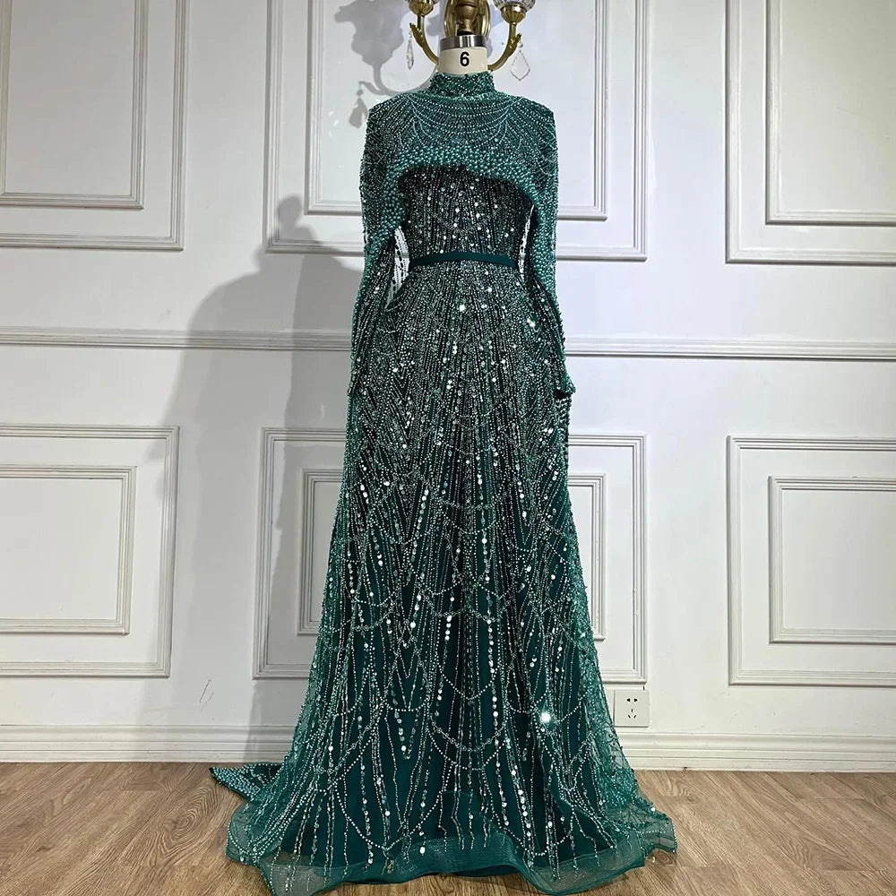 Zapdress Customized Green Long Sleeve A-Line Evening Dresses with Cape Muslim Wedding Party Gowns For Women LA72032B (ZD17241)