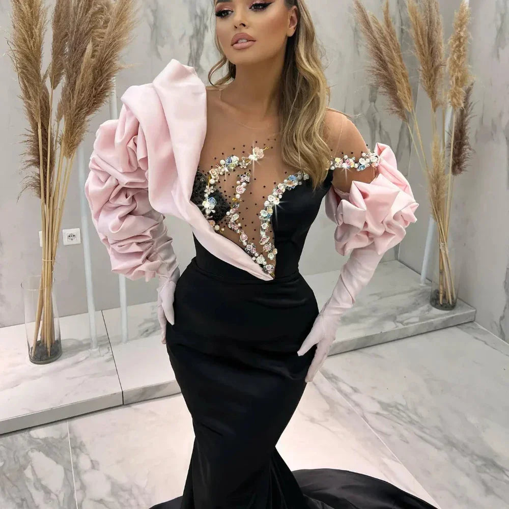 Elegant Mermaid Evening Dress Sheer-Neck Pleated Ruffles Sleeves Long Party Gowns Sexy Custom Sweep Train Robes De Soirée